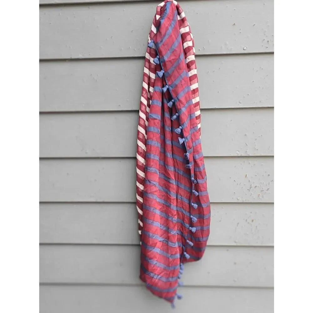 Burgundy Blue White Stripe Infinity Scarf with Fringe